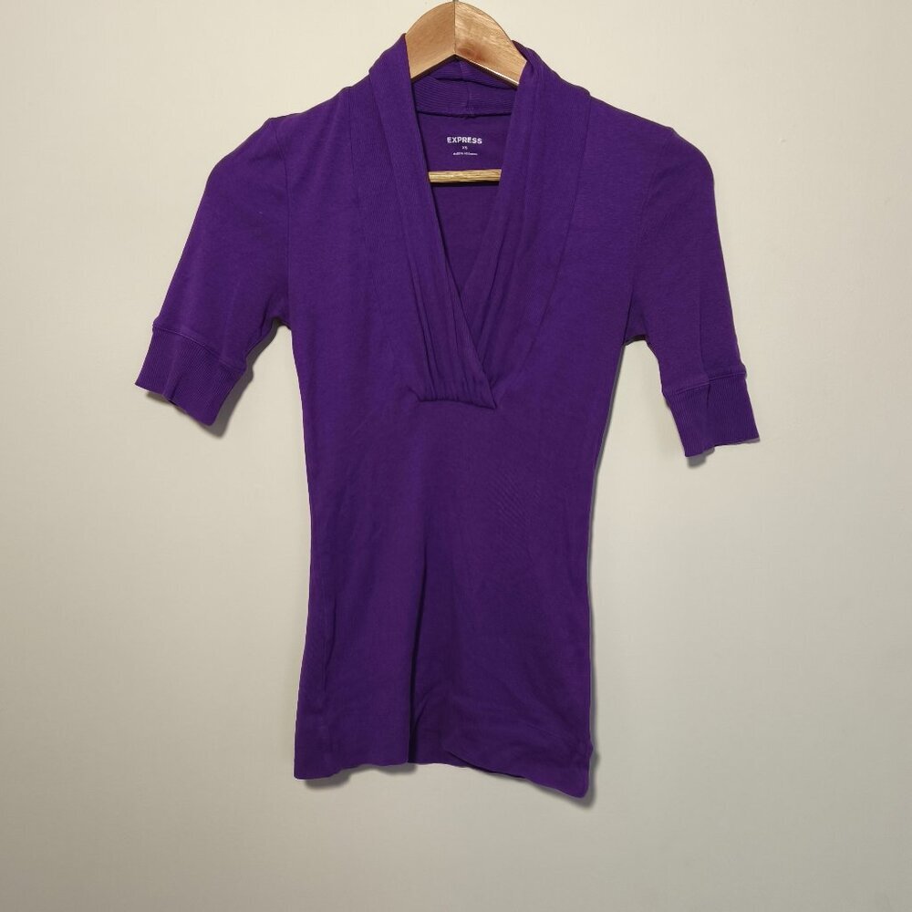 y2k Express Cotton Modal Slim Fit Half Sleeve Ruched V Neck Tee sz XS Purple
